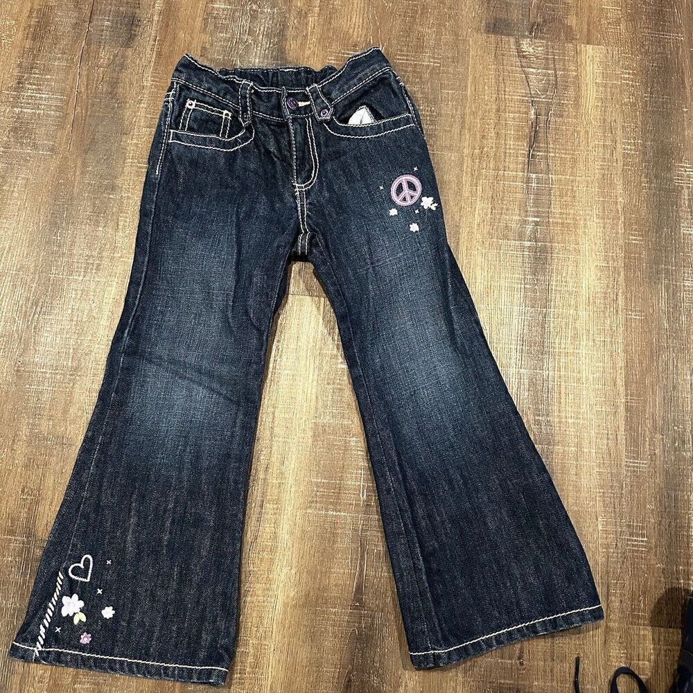 Gymboree Girls Denim Blue Flare Bell bottoms Jeans floral Peace Flap Pocket Sz 5